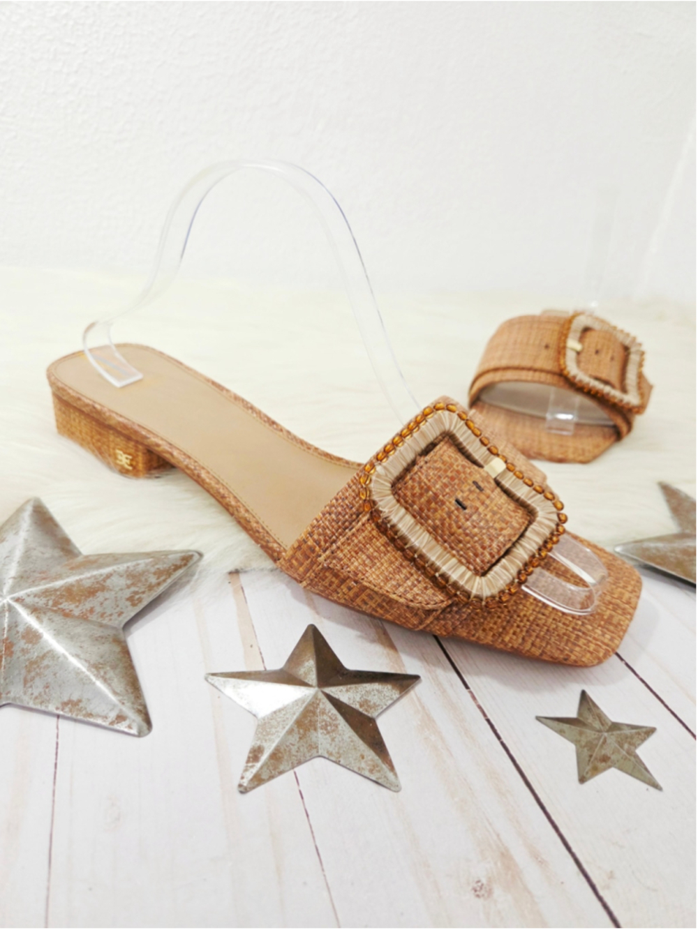 Sam Edelman Deacon Bead Buckle Sandals Brown Woven Raffia Slide Size 11